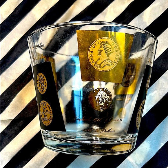 Vintage MCM Cera Glass Ice Bucket with Stand– Gold/Black Coin Design - Picture 16 of 17